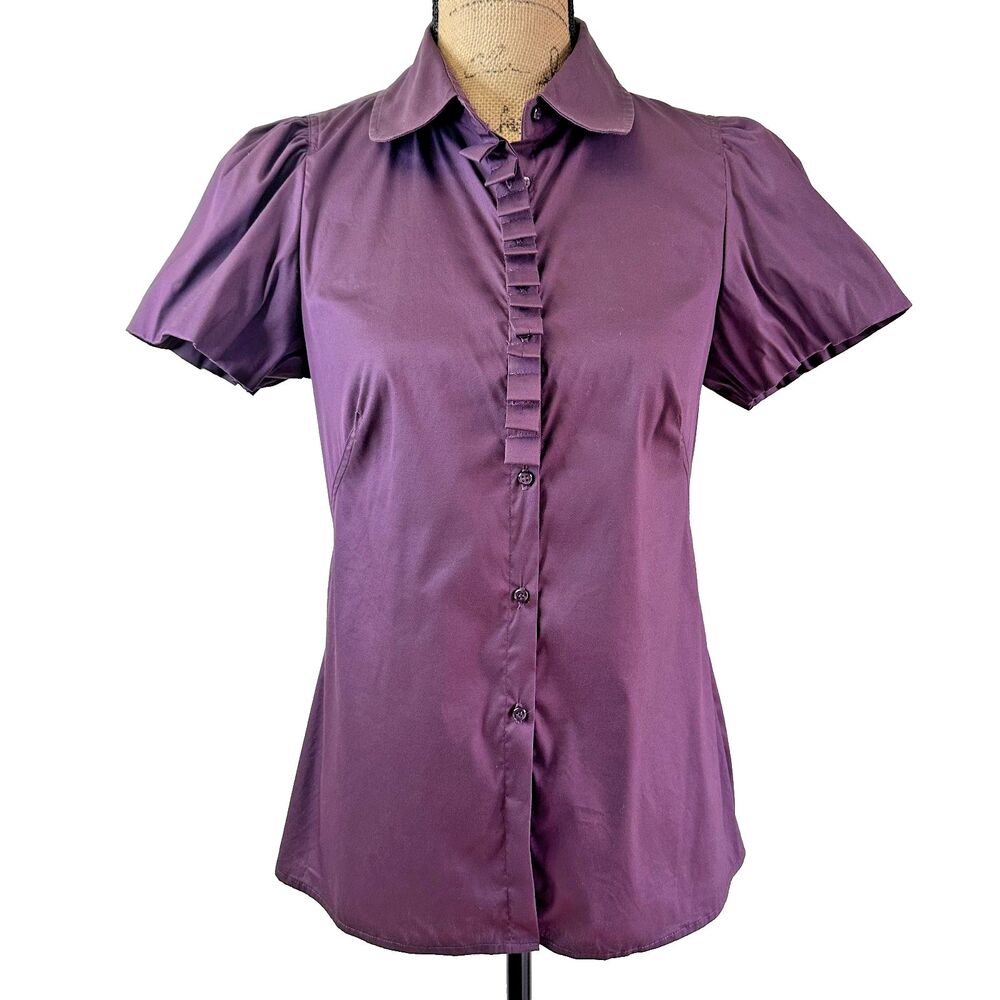 Armani Collezioni Women's Purple Button Up Short Puff Sleeve Cotton Shirt Sz 8